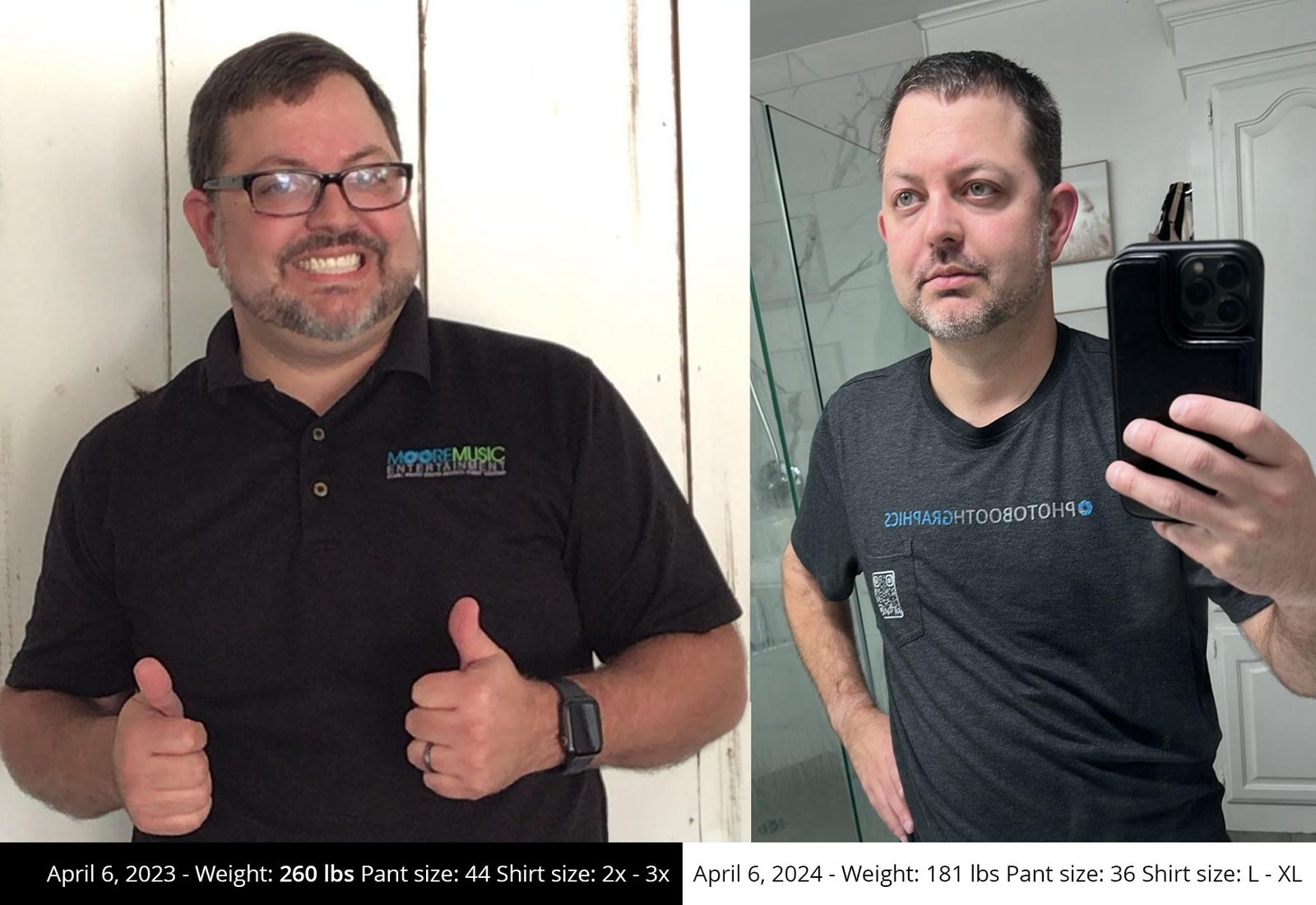 Clay Moore before and after weight loss — down nearly 90 lbs on GLP-1 medication